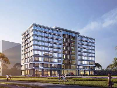 Modern Multi Storey Industrial Factory Building With Large Glass Windows And Landscaped Surroundings 3d model