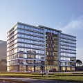 Modern Multi Storey Industrial Factory Building With Large Glass Windows And Landscaped Surroundings