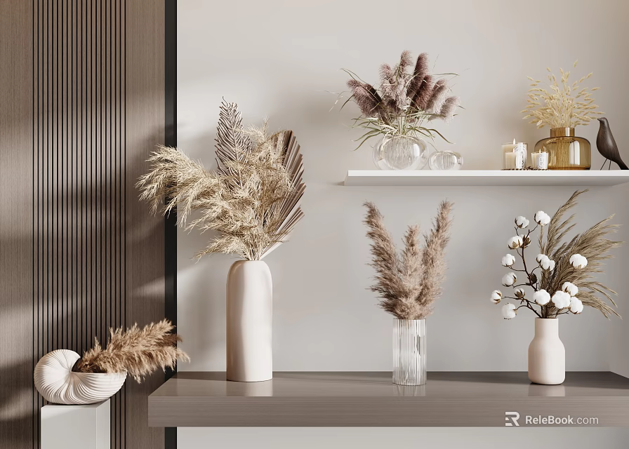 Decorative Vases With Dried Pampas Grass And Cotton Blooms On Shelf 3d model 