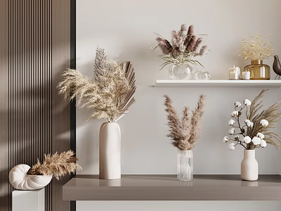 Decorative Vases With Dried Pampas Grass And Cotton Blooms On Shelf 3d model