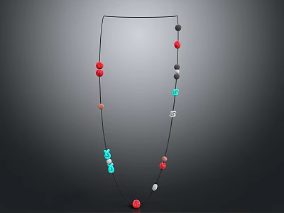 Colorful Beaded Necklace With Black String And Assorted Colored Beads In Red Blue Gray White 3d model