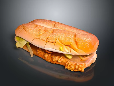 Delicious Sandwich with Soft Fresh Bread Sliced Meat and Crunchy Pickles 3d model