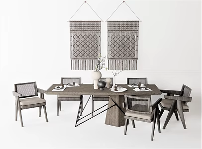 Nordic Dining Table and Chair Combination Dining Table and Chair Chandigarh Dining Chair Dining Table Wall Decorations Plant Vase Ornaments Tableware 3d model
