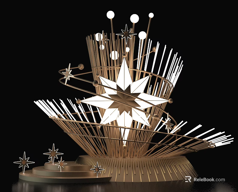 Modern Golden Art Installation With Large Star Decoration Illuminated Spheres And Stepped Base 3d model 