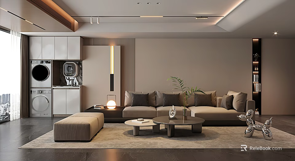 Modern Luxury Living Room Interior With Beige Sofa Coffee Tables And Decorative Plants 3d model 