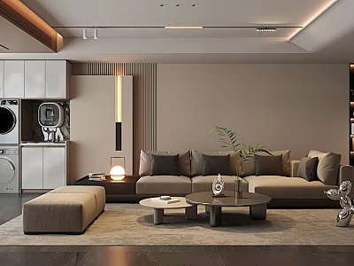 Modern Luxury Living Room Interior With Beige Sofa Coffee Tables And Decorative Plants 3d model