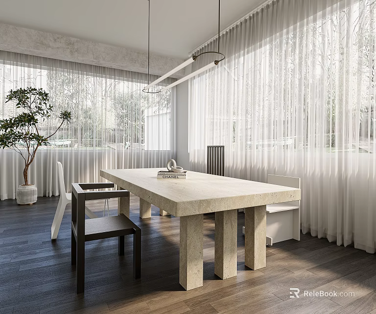 Modern Dining Table And Chairs Set With Stone Top Bench Large Windows White Curtains 3d model 