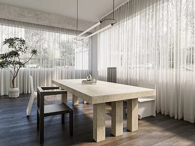 Modern Dining Table And Chairs Set With Stone Top Bench Large Windows White Curtains 3d model