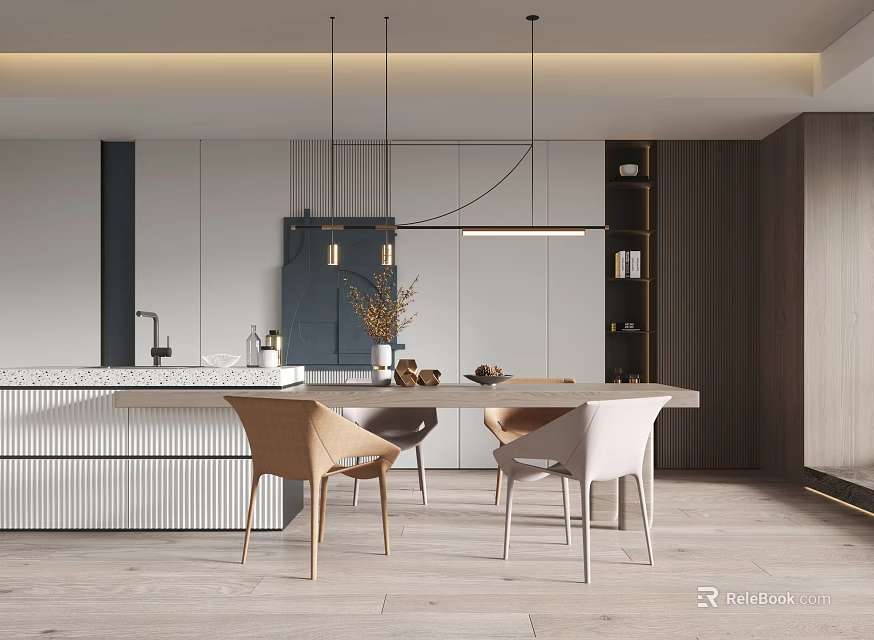 Modern Restaurant Interior With Dining Table Wooden Chairs Pendant Lights And Minimalist Decor 3d model 