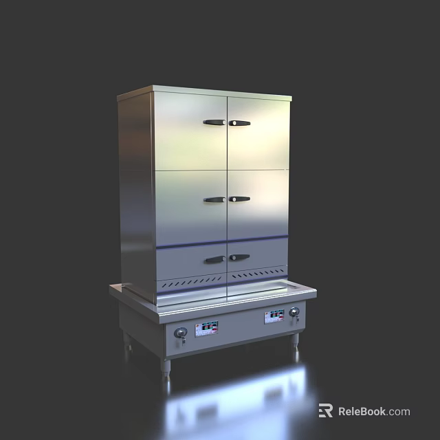 Stainless Steel Commercial Kitchen Appliance With Multiple Doors And Control Panel On Stand Base 3d model 