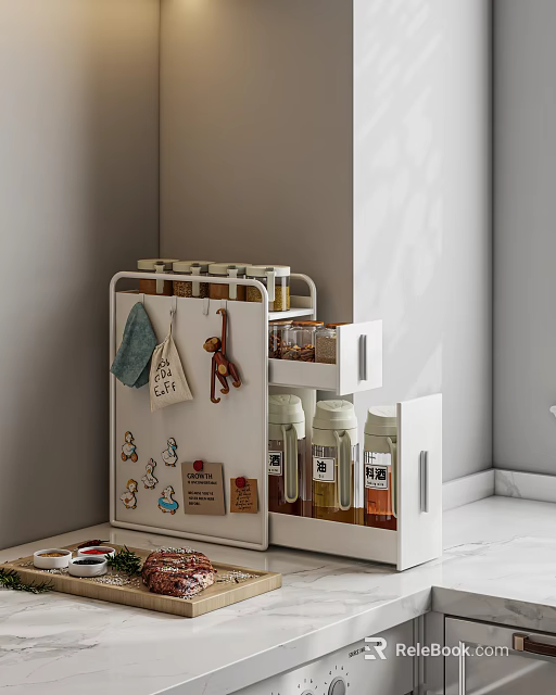 White Storage Rack with Jars Green Towel CAFE Bag Small Stickers Labels Drawer Kitchen Organizer 3d model 