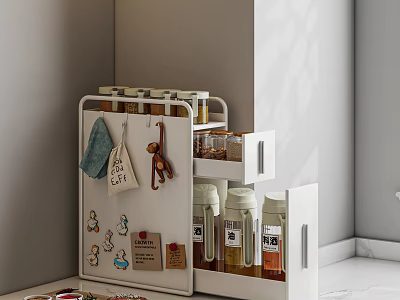 White Storage Rack with Jars Green Towel CAFE Bag Small Stickers Labels Drawer Kitchen Organizer 3d model