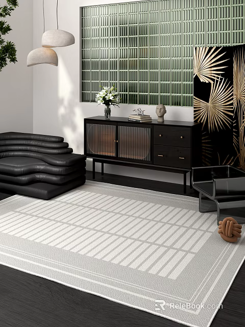 Modern Black Console Cabinet With Glass Doors Drawers And Top Decorative Items In Living Room 3d model 