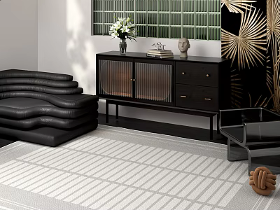 Modern Black Console Cabinet With Glass Doors Drawers And Top Decorative Items In Living Room 3d model