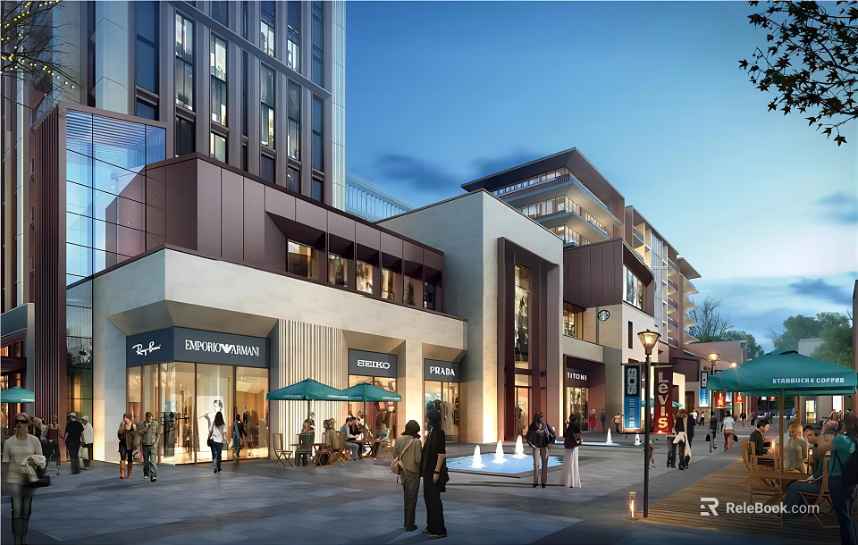 Modern Commercial Street With Retail Shops Pedestrians Outdoor Seating And Evening Atmosphere 3d model 