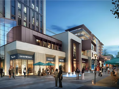 Modern Commercial Street With Retail Shops Pedestrians Outdoor Seating And Evening Atmosphere 3d model