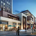 Modern Commercial Street With Retail Shops Pedestrians Outdoor Seating And Evening Atmosphere