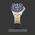 Luxury Wrist Watch Featuring Blue Dial Golden Strap On Transparent Display Stand With Price Tag