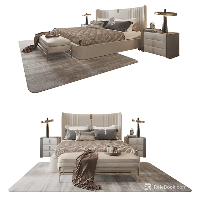 Elegant Modern Double Bed Interior With Upholstered Headboard Side Tables And Decorative Pillows 3d model