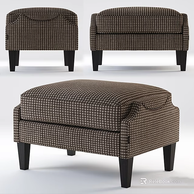 Upholstered Ottoman With Classic Plaid Pattern And Black Wooden Legs Design 3d model 