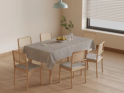 Simple Dining Table Set With Tablecloth Woven Back Chairs Plant Fruits And Wooden Floor 3d model