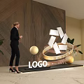Modern Industrial Sculpture Display With Wooden Wall Background Sphere Lamps And Green Plant