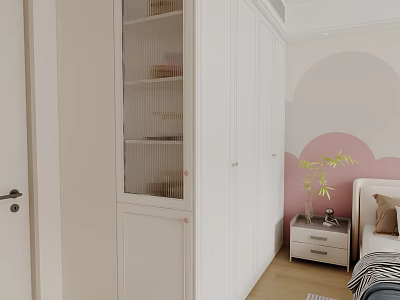 White Modern Wardrobe With Glass Door In Bedroom With Pink Wall And Nightstand Plant 3d model