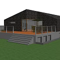 Detached Villa Exterior With Wooden Terrace Railing Green Lawn and Trees