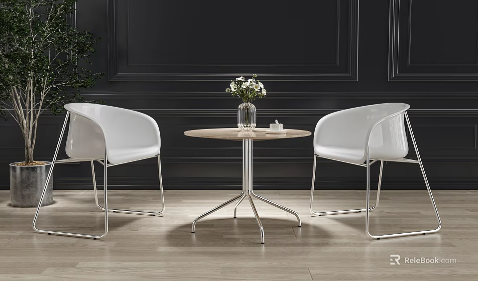 Stylish White Chairs Round Wooden Table Set With Vase Flowers On Light Wooden Floor 3d model 
