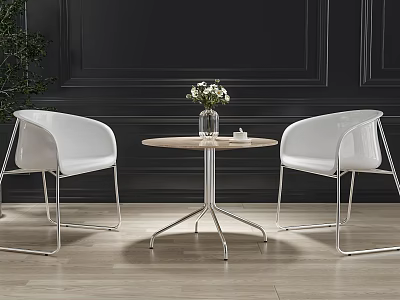 Stylish White Chairs Round Wooden Table Set With Vase Flowers On Light Wooden Floor 3d model