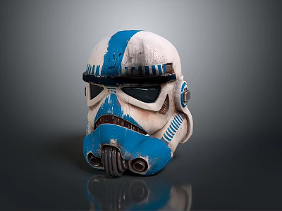 Detailed Blue White Weathered Clone Trooper Helmet With Distinctive Markings And Sci Fi Design 3d model