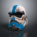 Detailed Blue White Weathered Clone Trooper Helmet With Distinctive Markings And Sci Fi Design