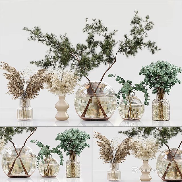 Elegant Vase Flower Arrangements With Transparent Glass Containers Dried And Green Plants 3d model 