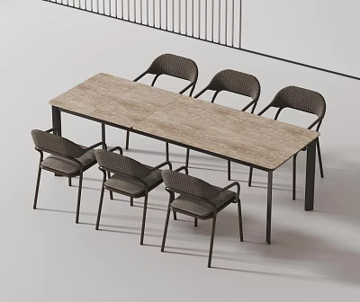 Modern Minimalist Dining Table And Chairs Set With Wooden Tabletop And Metal Frame 3d model