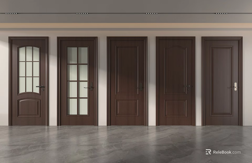 Dark Brown Hinged Doors With Various Styles Including Glass Panels And Solid Wood 3d model