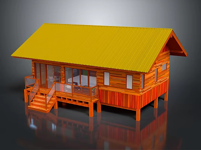 Log Cabin Exterior Design With Yellow Roof Wooden Structure And Porch Stairs 3d model