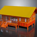Log Cabin Exterior Design With Yellow Roof Wooden Structure And Porch Stairs