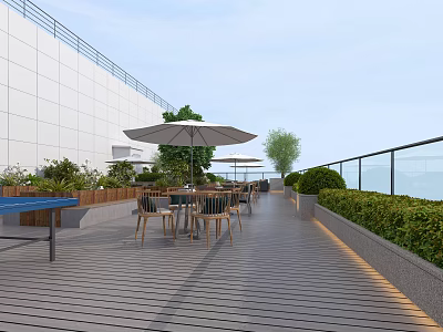 Stylish Roof Terrace With Wooden Deck Tables Chairs Umbrellas Green Plants And Ping Pong Table 3d model