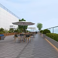 Stylish Roof Terrace With Wooden Deck Tables Chairs Umbrellas Green Plants And Ping Pong Table