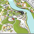 Scenic Kids Play Area In Urban Green Park With River And Recreational Zones