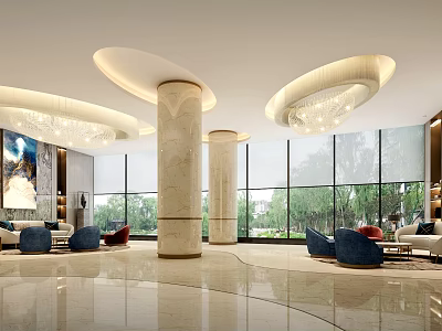 Modern Hotel Lobby Interior With Chandeliers Marble Columns Blue Sofas And Floor To Ceiling Windows 3d model