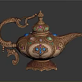 Ornate Copper Genie Lamp With Colorful Gemstones And Intricate Carvings