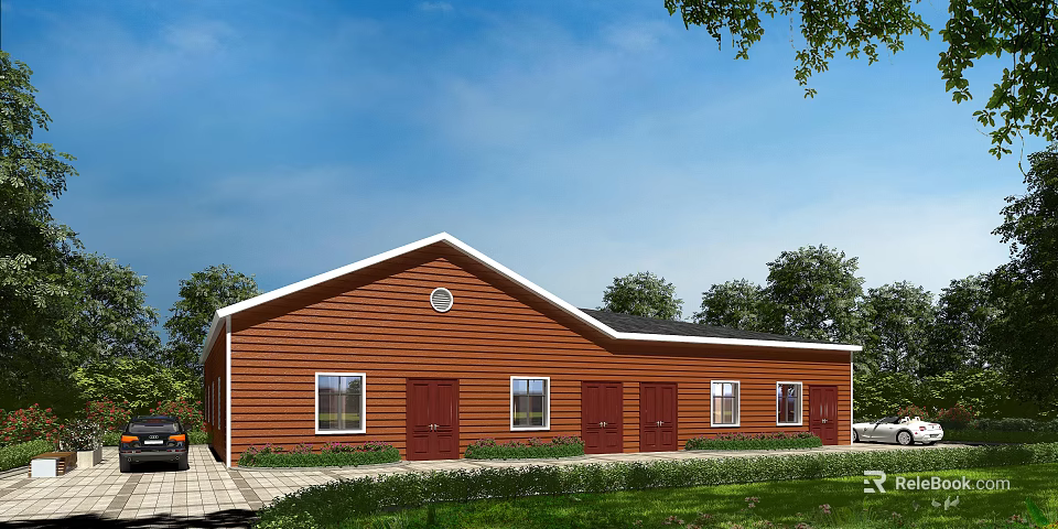 Industrial Warehouse Exterior with Red Walls White Roof Windows Doors and Green Surroundings 3d model 