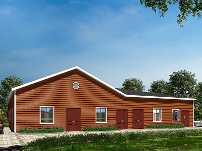 Industrial Warehouse Exterior with Red Walls White Roof Windows Doors and Green Surroundings 3d model