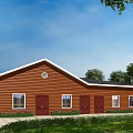 Industrial Warehouse Exterior with Red Walls White Roof Windows Doors and Green Surroundings
