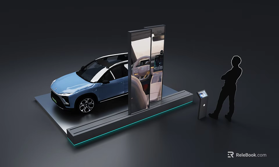 Blue Car Exhibition On Platform With Transparent Display Structure And Silhouette Figure 3d model 