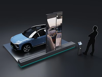 Blue Car Exhibition On Platform With Transparent Display Structure And Silhouette Figure 3d model