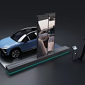 Blue Car Exhibition On Platform With Transparent Display Structure And Silhouette Figure