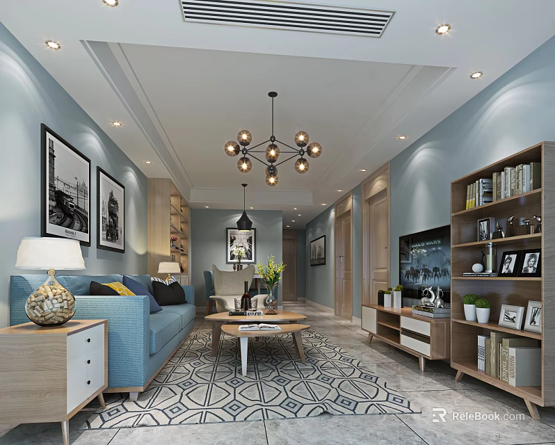 Modern Living Room Interior With Blue Sofa Chandelier Coffee Table And Geometric Rug 3d model 