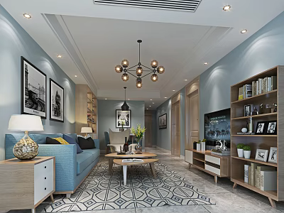 Modern Living Room Interior With Blue Sofa Chandelier Coffee Table And Geometric Rug 3d model